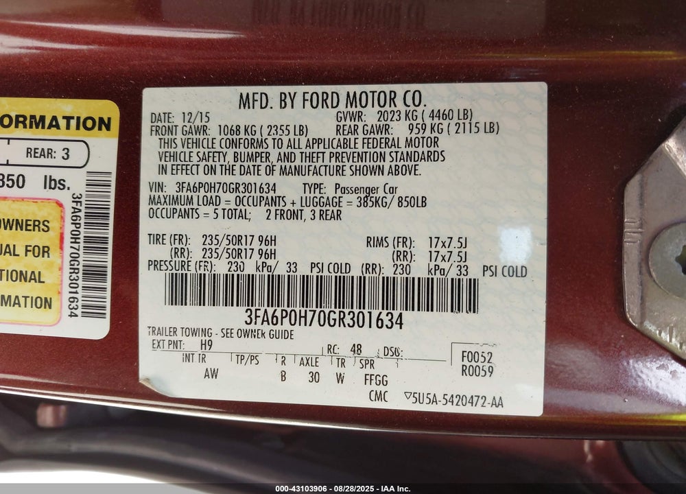 2016 FORD FUSION VIN: 3FA6P0H70GR301634