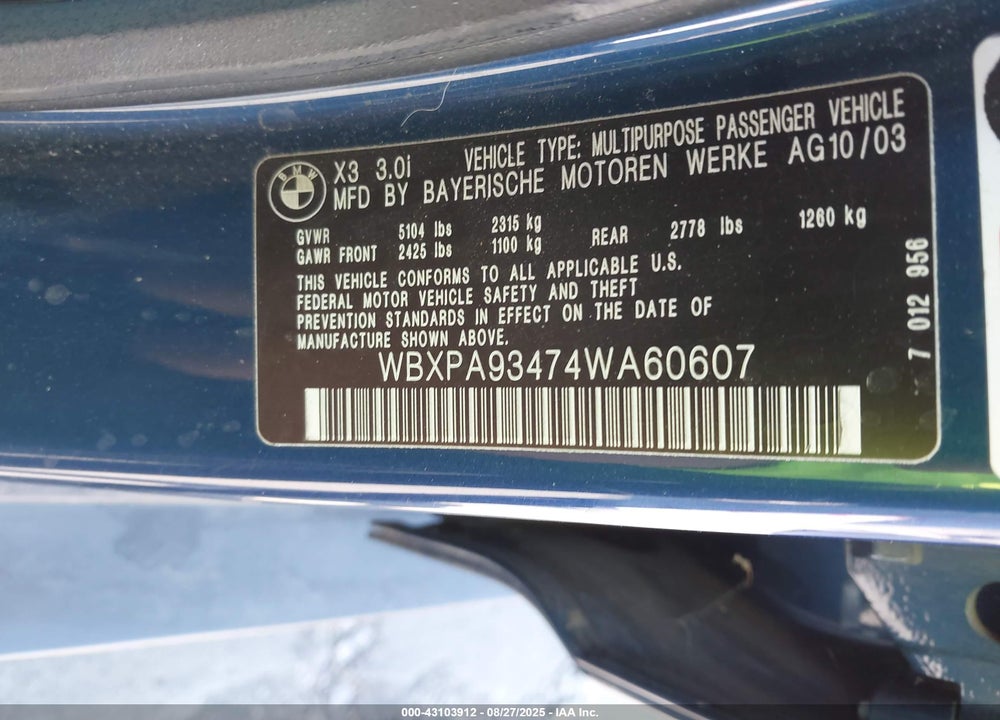2004 BMW X3 3.0I VIN: WBXPA93474WA60607