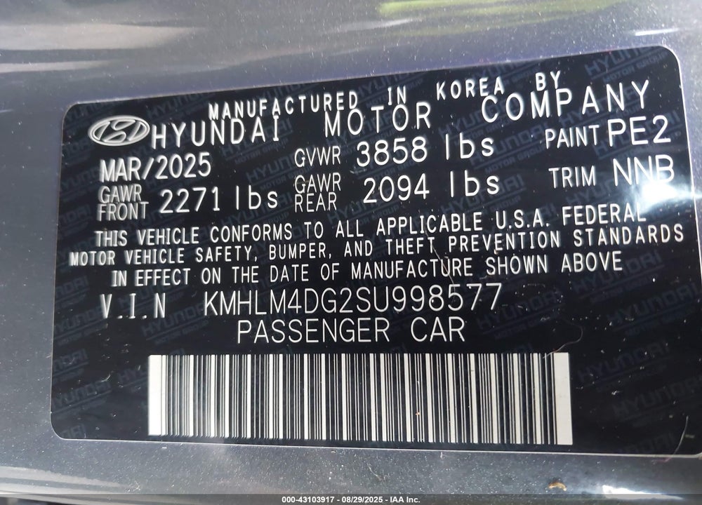 2025 HYUNDAI ELANTRA VIN: KMHLM4DG2SU998577