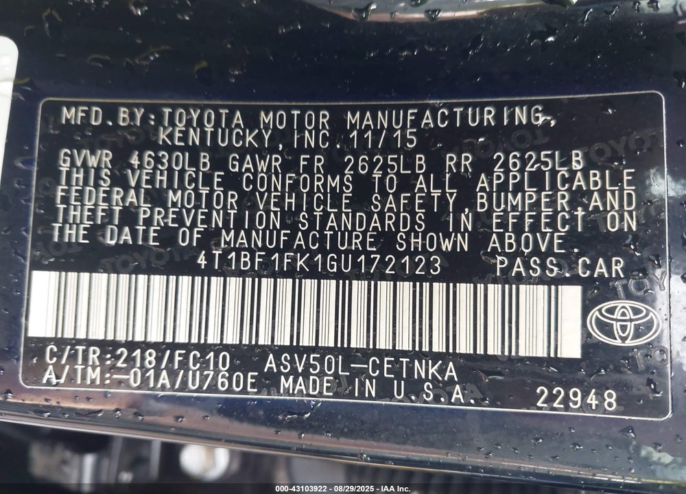 2016 TOYOTA CAMRY VIN: 4T1BF1FK1GU172123