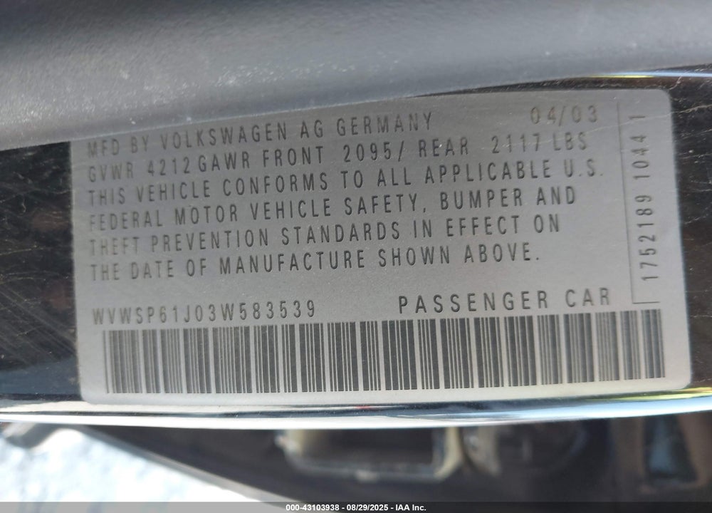 2003 VOLKSWAGEN JETTA GLS TDI VIN: WVWSP61J03W583539