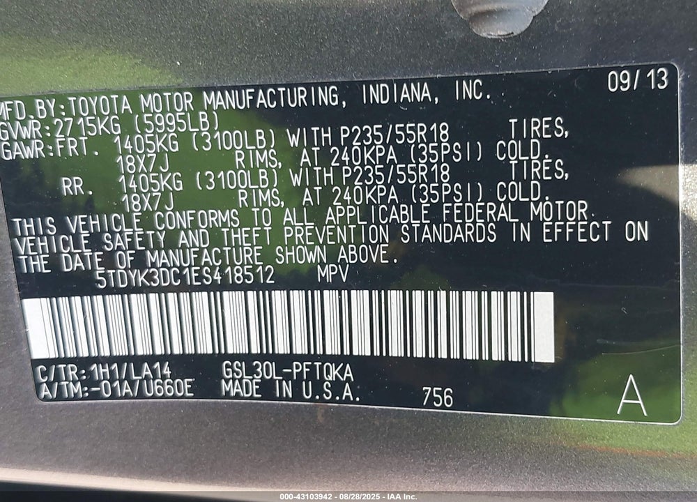 2014 TOYOTA SIENNA LIMITED V6 7 PASSENGER VIN: 5TDYK3DC1ES418512