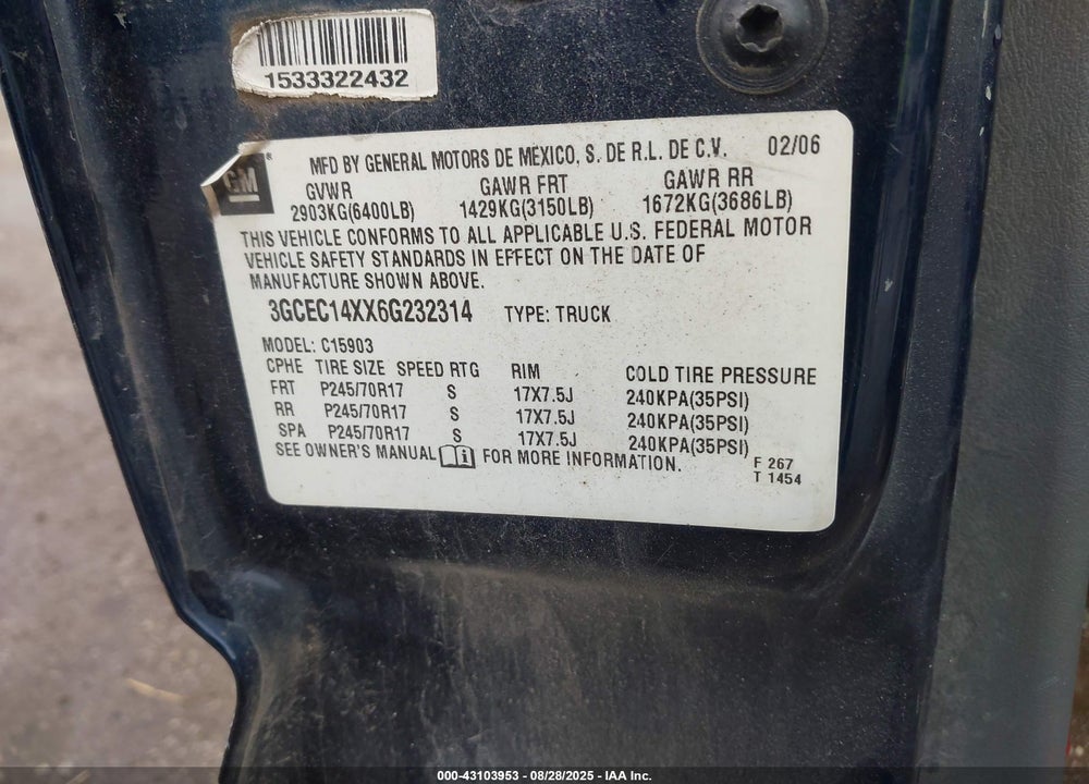 2006 CHEVROLET SILVERADO 1500 WORK TRUCK VIN: 3GCEC14XX6G232314