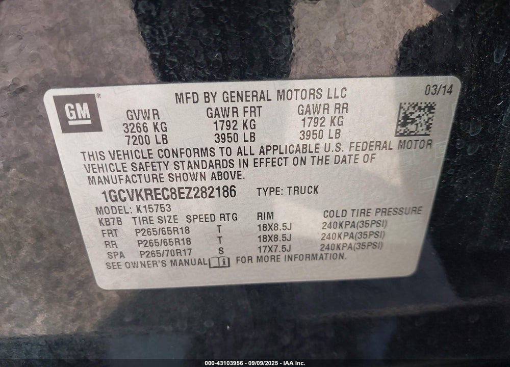 2014 CHEVROLET SILVERADO 1500 VIN: 1GCVKREC8EZ282186