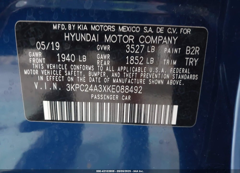 2019 HYUNDAI ACCENT SEL VIN: 3KPC24A3XKE088492