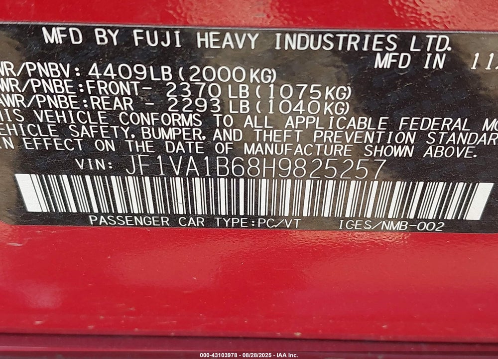 2017 SUBARU WRX VIN: JF1VA1B68H9825257