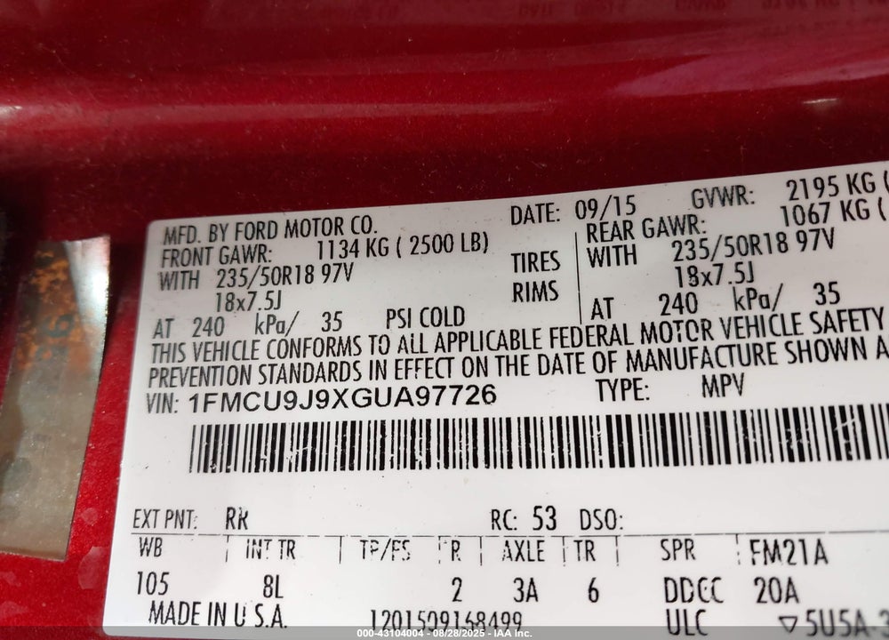 2016 FORD ESCAPE VIN: 1FMCU9J9XGUA97726