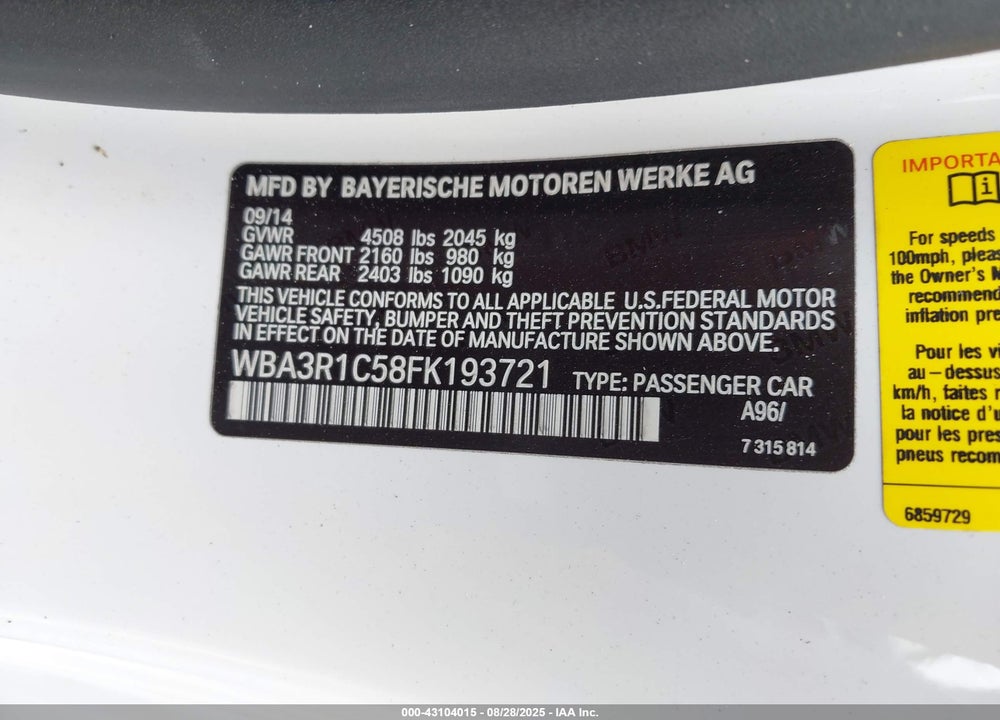 2015 BMW 4 SERIES VIN: WBA3R1C58FK193721