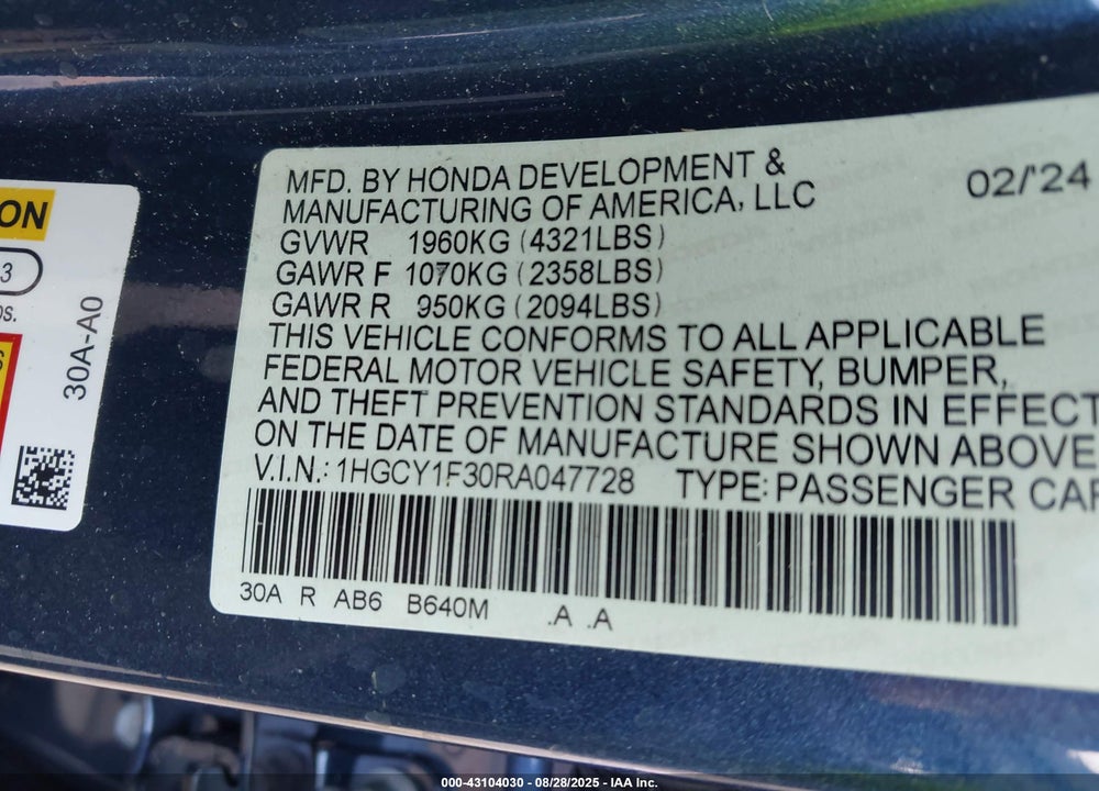 2024 HONDA ACCORD VIN: 1HGCY1F30RA047728