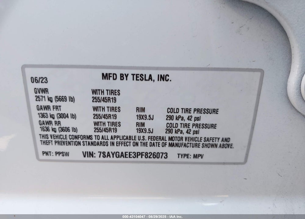 2023 TESLA MODEL Y AWD/LONG RANGE DUAL MOTOR ALL-WHEEL DRIVE VIN: 7SAYGAEE3PF826073