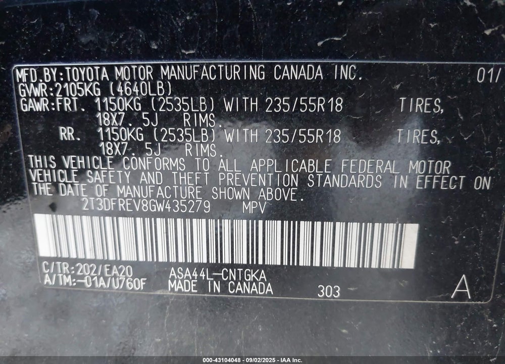 2016 TOYOTA RAV4 VIN: 2T3DFREV8GW435279