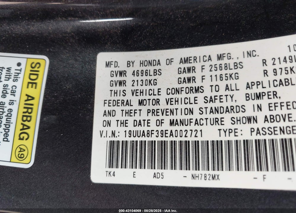 2014 ACURA TL VIN: 19UUA8F39EA002721