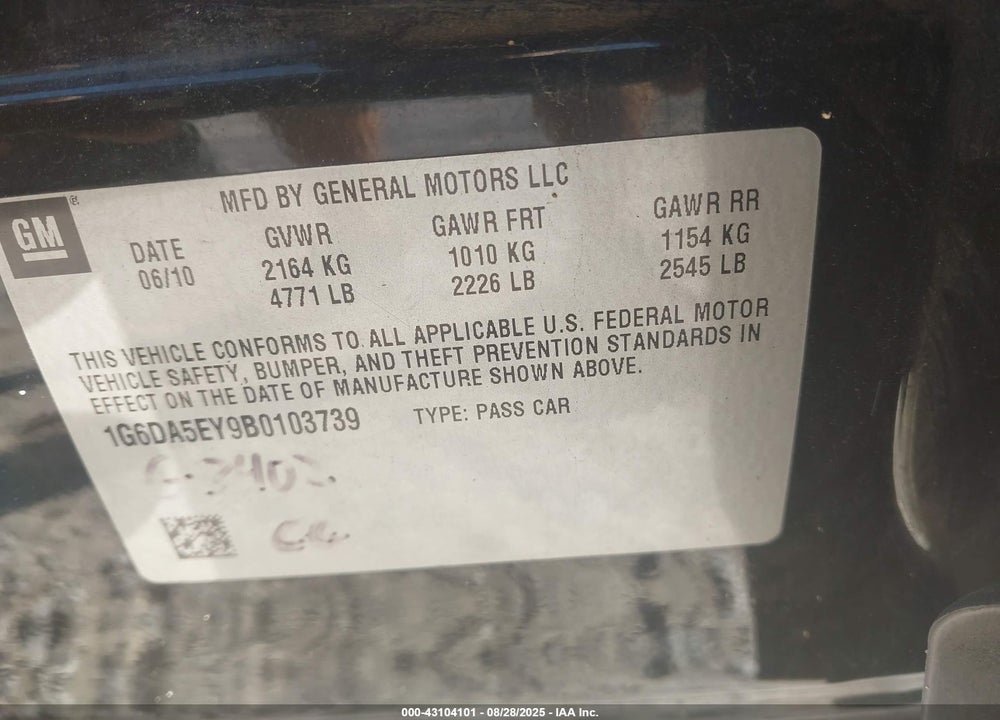 2011 CADILLAC CTS VIN: 1G6DA5EY9B0103739