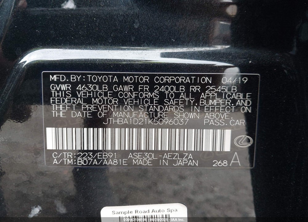 2019 LEXUS IS 300 VIN: JTHBA1D21K5096037