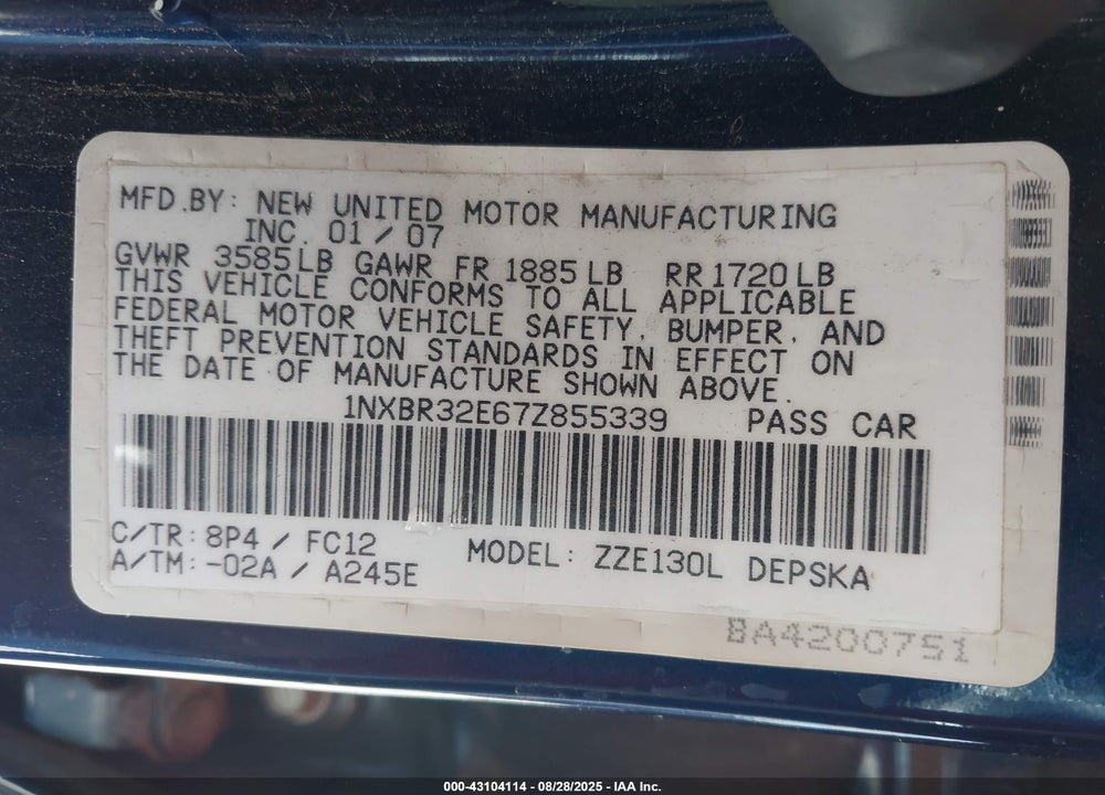 2007 TOYOTA COROLLA VIN: 1NXBR32E67Z855339