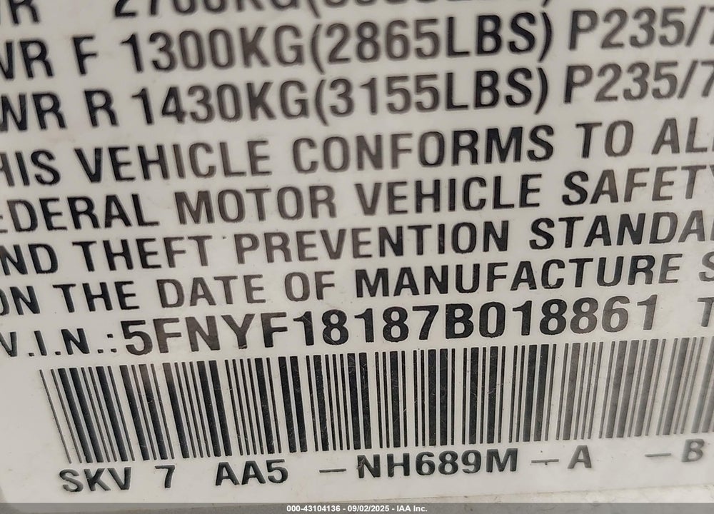 2007 HONDA PILOT LX VIN: 5FNYF18187B018861