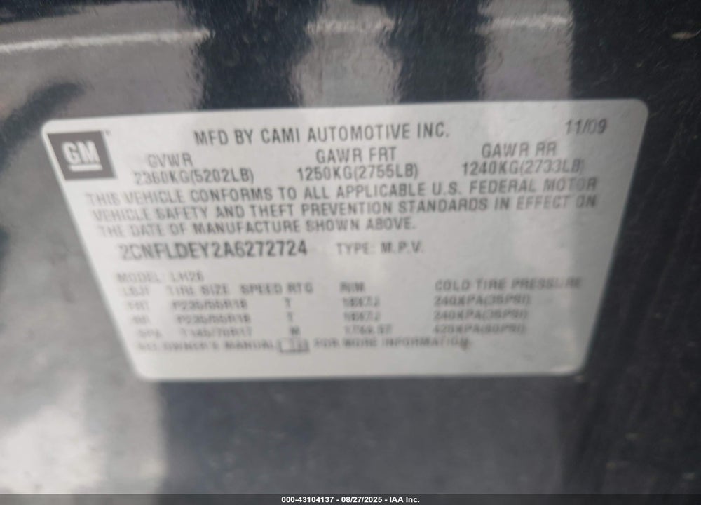 2010 CHEVROLET EQUINOX LT VIN: 2CNFLDEY2A6272724