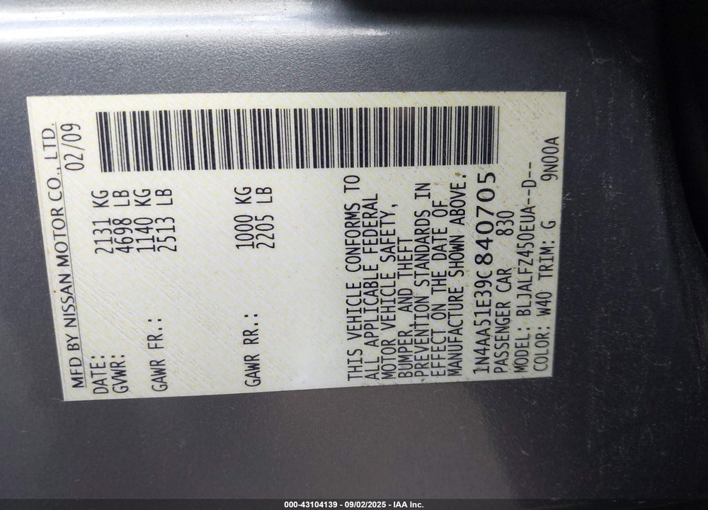 2009 NISSAN MAXIMA 3.5 SV VIN: 1N4AA51E39C840705