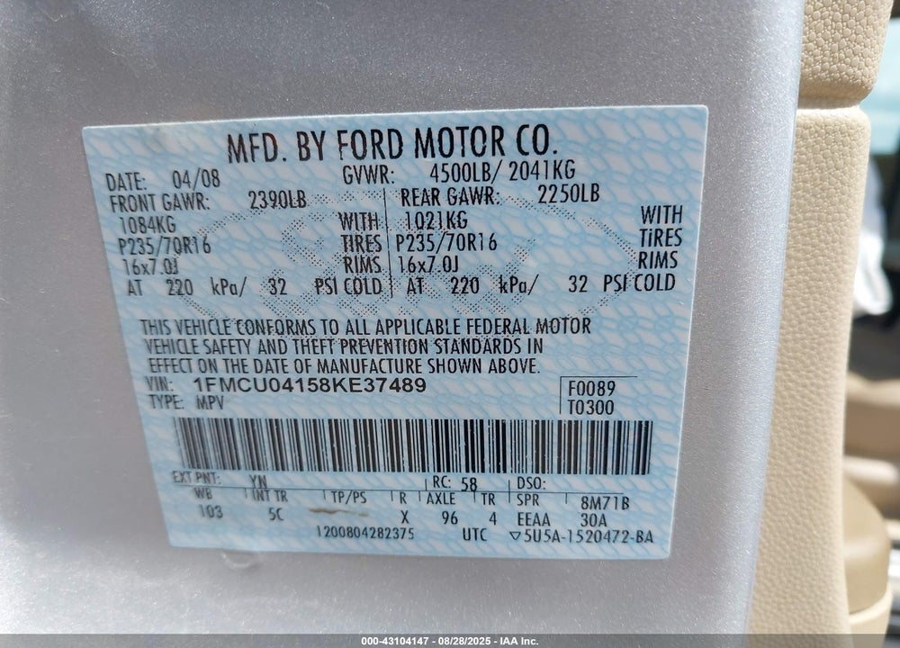 2008 FORD ESCAPE LIMITED VIN: 1FMCU04158KE37489