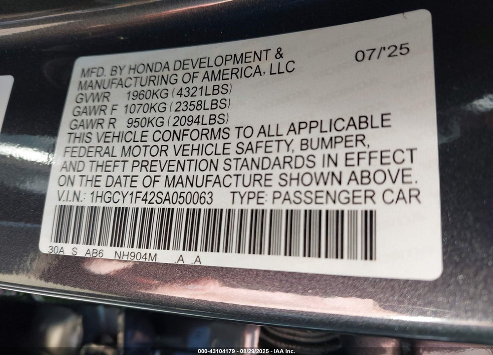 2025 HONDA ACCORD VIN: 1HGCY1F42SA050063