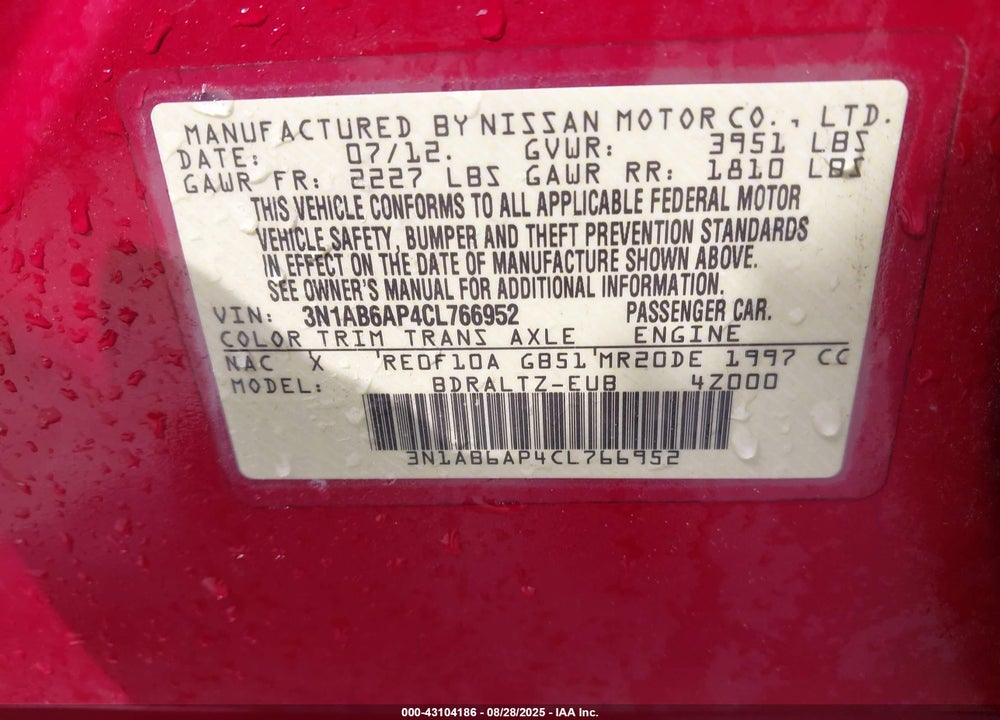2012 NISSAN SENTRA VIN: 3N1AB6AP4CL766952