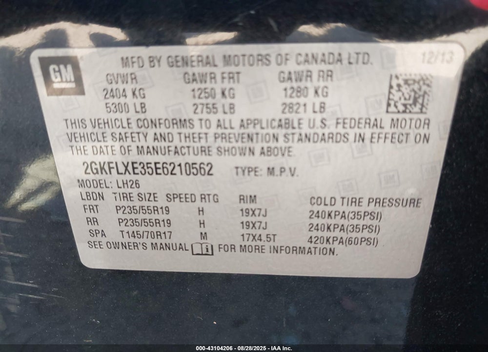 2014 GMC TERRAIN VIN: 2GKFLXE35E6210562
