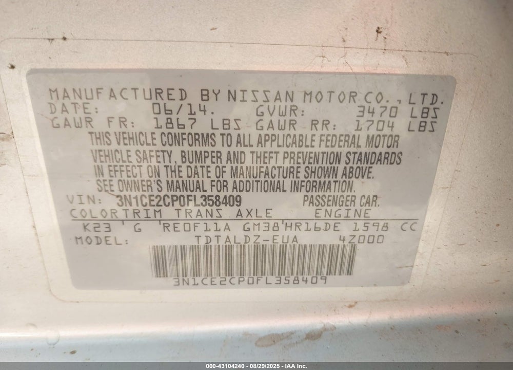 2015 NISSAN VERSA NOTE VIN: 3N1CE2CP0FL358409