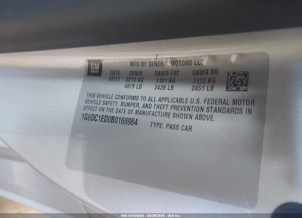 2011 CADILLAC CTS STANDARD VIN: 1G6DC1ED0B0169984