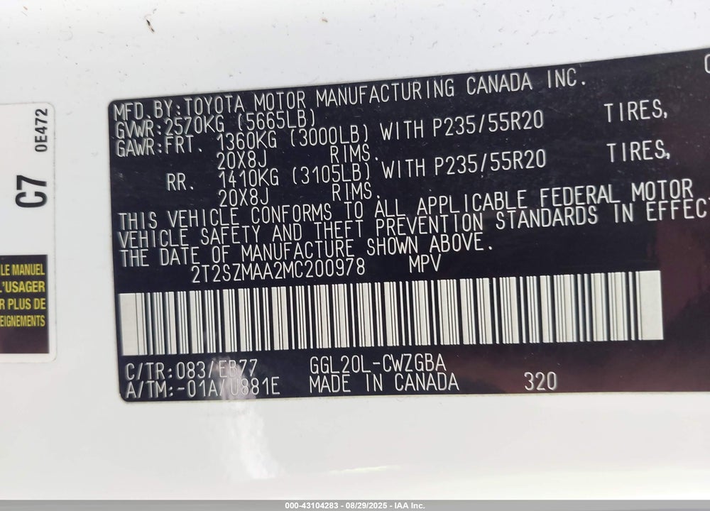 2021 LEXUS RX 350 VIN: 2T2SZMAA2MC200978