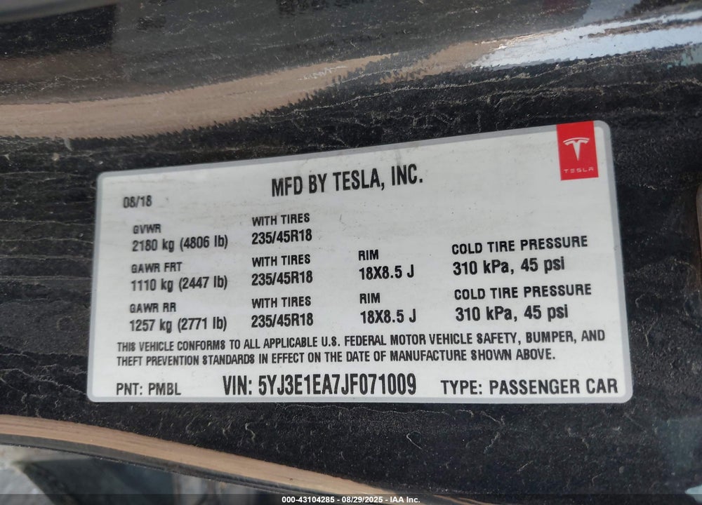 2018 TESLA MODEL 3 LONG RANGE/MID RANGE VIN: 5YJ3E1EA7JF071009