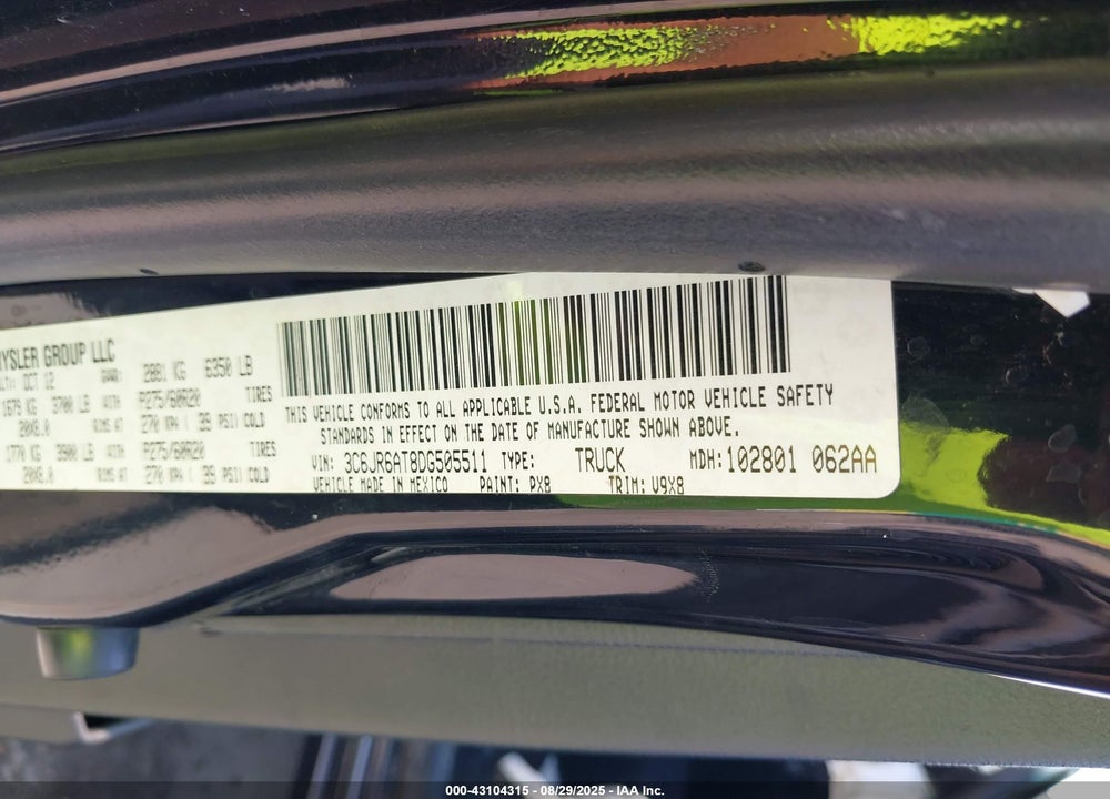 2013 RAM 1500 VIN: 3C6JR6AT8DG505511
