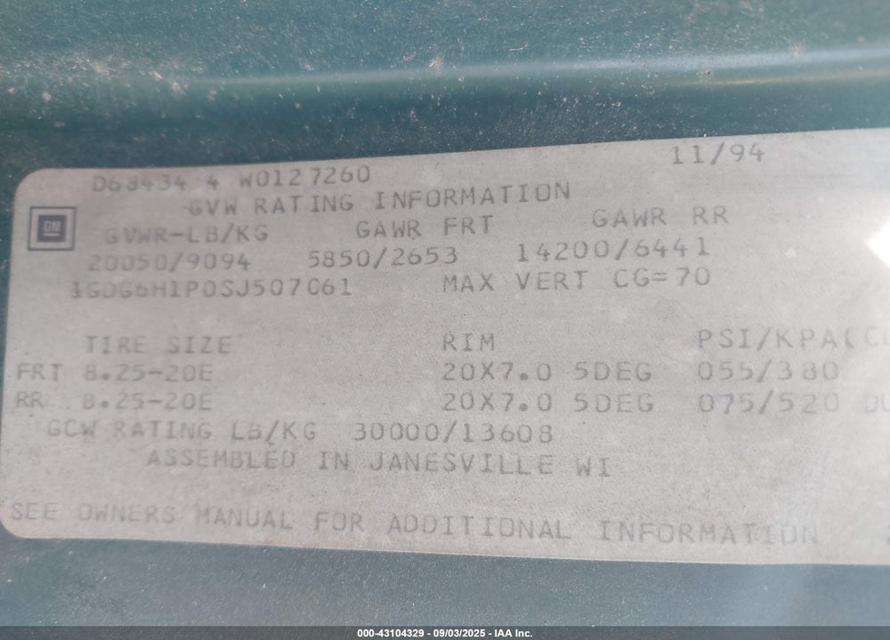 1995 GMC TOPKICK C6H042 VIN: 1GDG6H1P0SJ507061