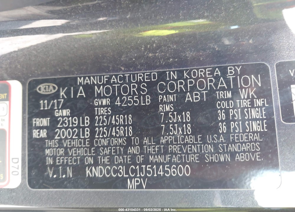 2018 KIA NIRO VIN: KNDCC3LC1J5145600