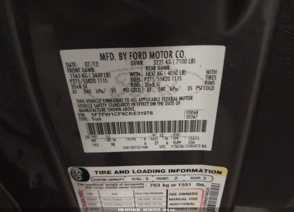 2012 FORD F-150 VIN: 1FTFW1CF9CKE31976