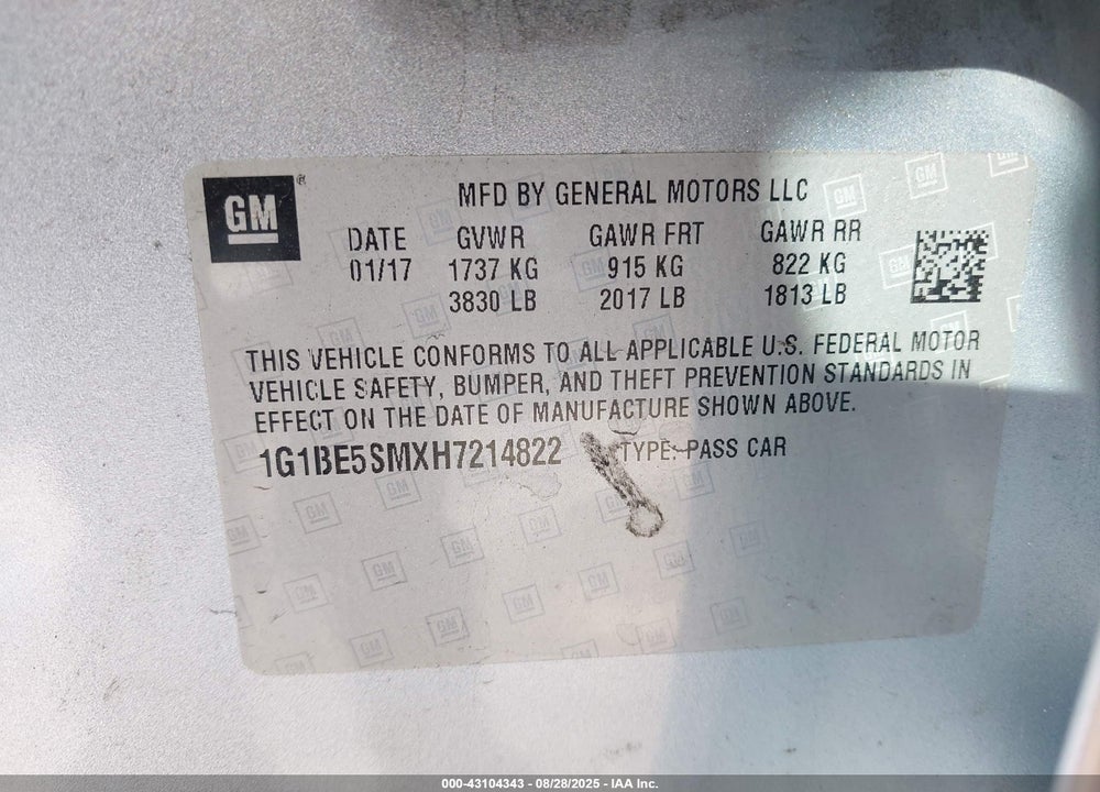 2017 CHEVROLET CRUZE VIN: 1G1BE5SMXH7214822