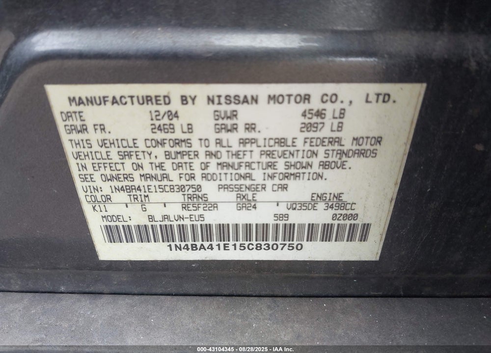 2005 NISSAN MAXIMA 3.5 SL VIN: 1N4BA41E15C830750