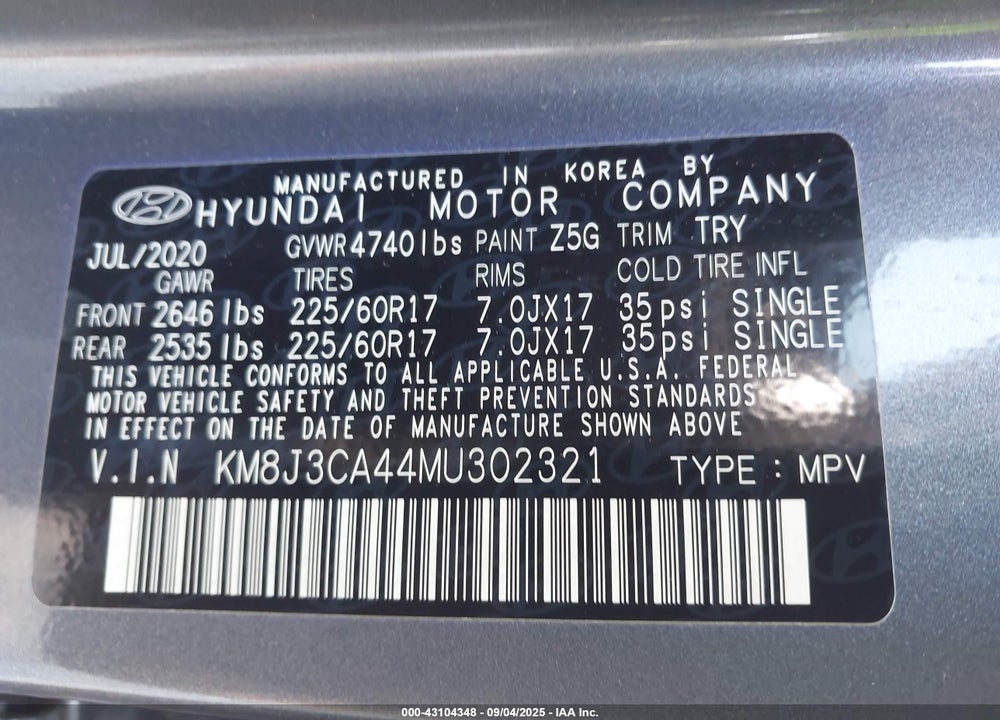 2021 HYUNDAI TUCSON VALUE VIN: KM8J3CA44MU302321