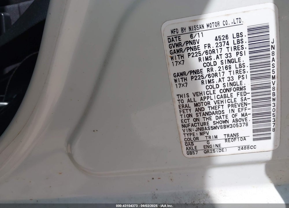 2011 NISSAN ROGUE VIN: JN8AS5MV8BW305378