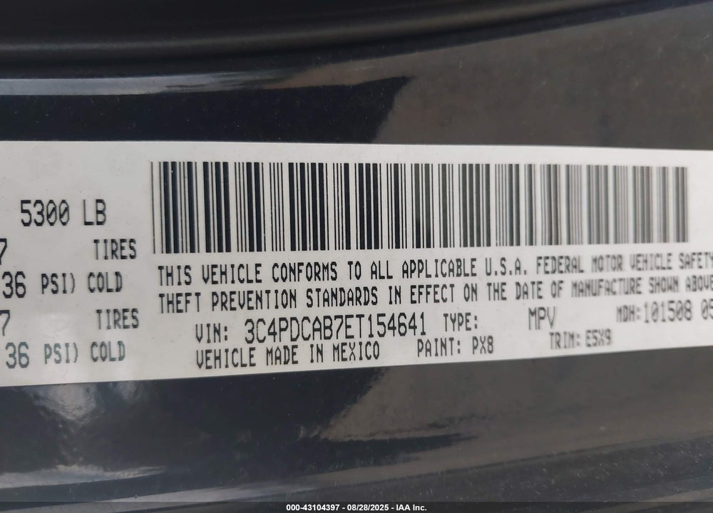 2014 DODGE JOURNEY SE VIN: 3C4PDCAB7ET154641