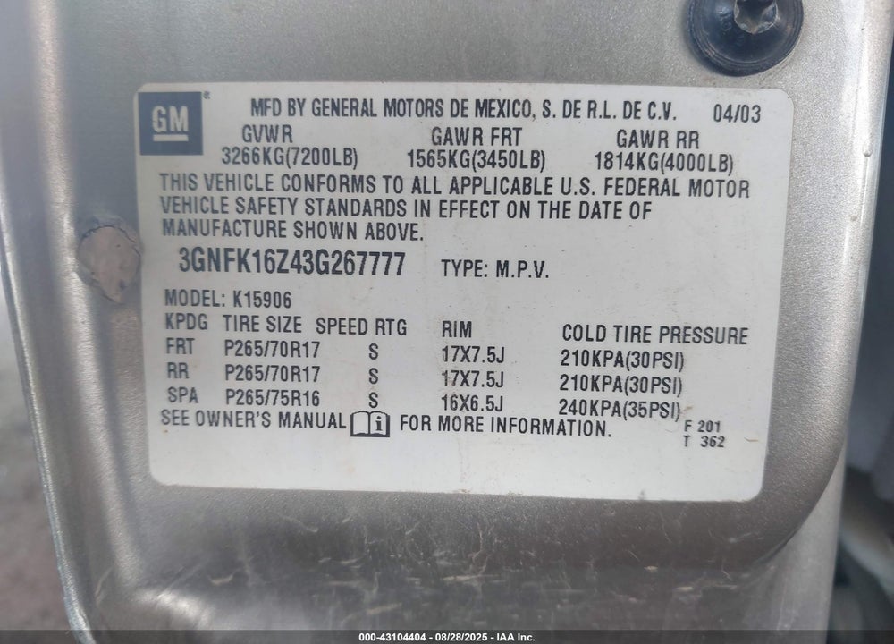 2003 CHEVROLET SUBURBAN 1500 Z71 VIN: 3GNFK16Z43G267777