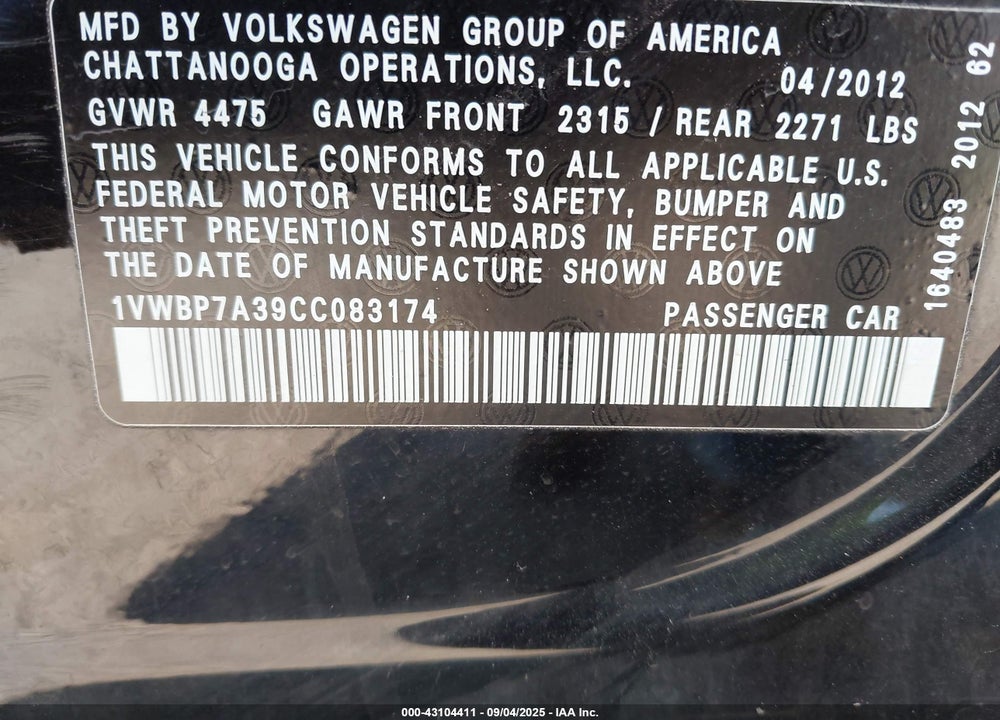 2012 VOLKSWAGEN PASSAT VIN: 1VWBP7A39CC083174