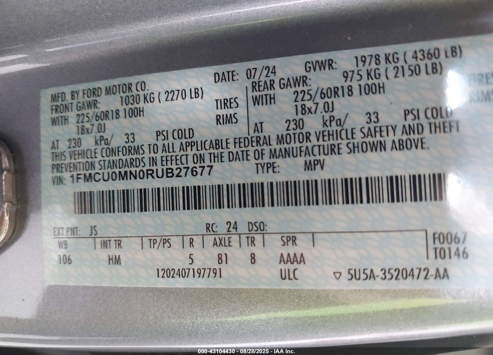 2024 FORD ESCAPE VIN: 1FMCU0MN0RUB27677