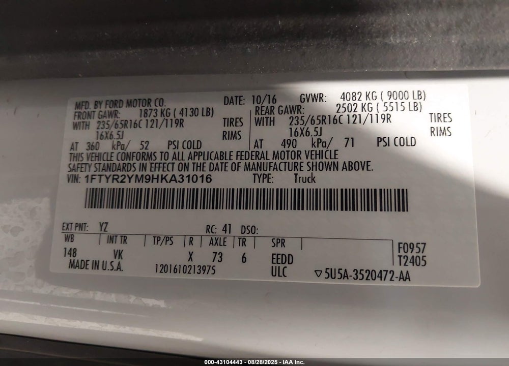 2017 FORD TRANSIT-250 VIN: 1FTYR2YM9HKA31016