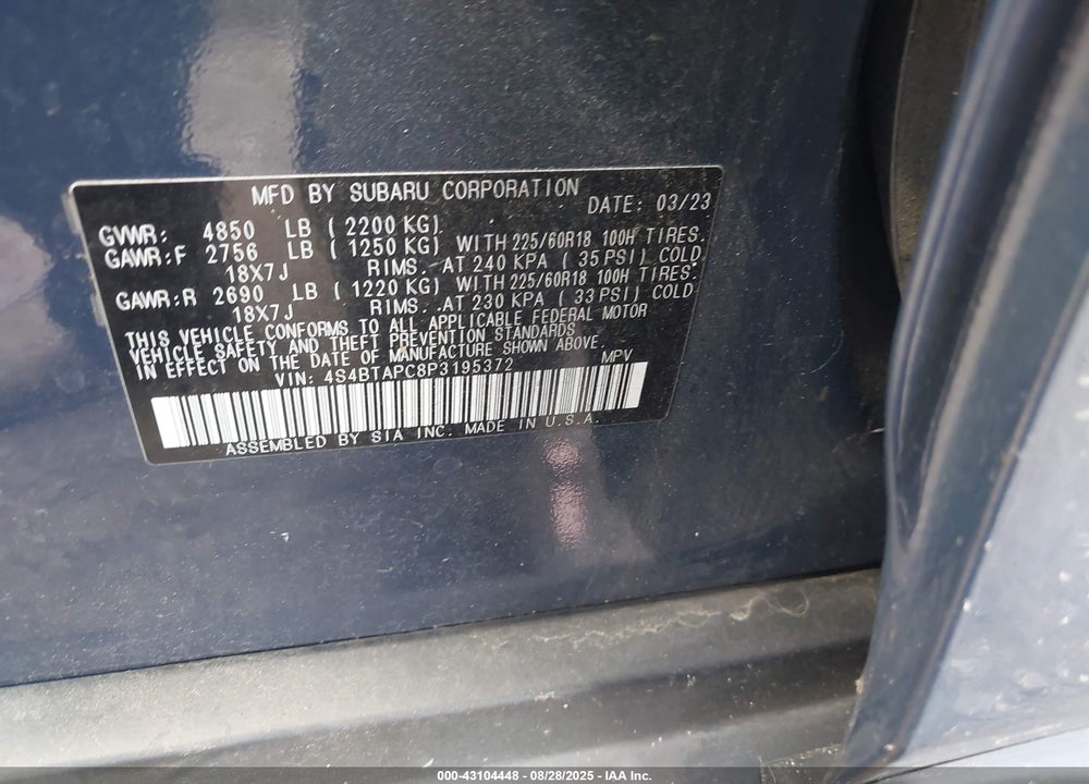 2023 SUBARU OUTBACK VIN: 4S4BTAPC8P3195372