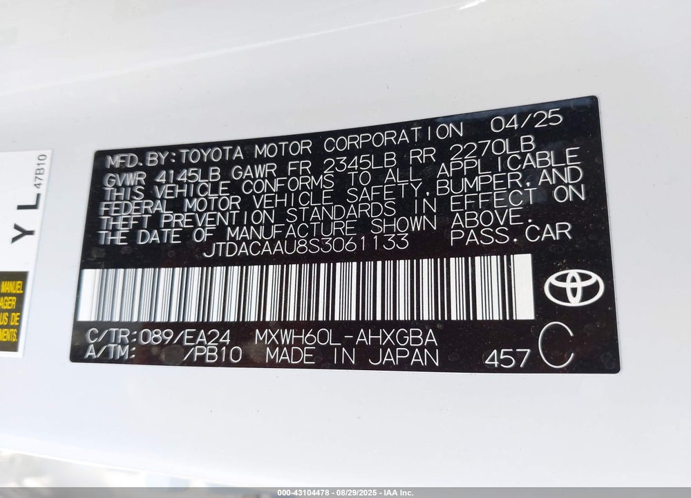 2025 TOYOTA PRIUS VIN: JTDACAAU8S3061133