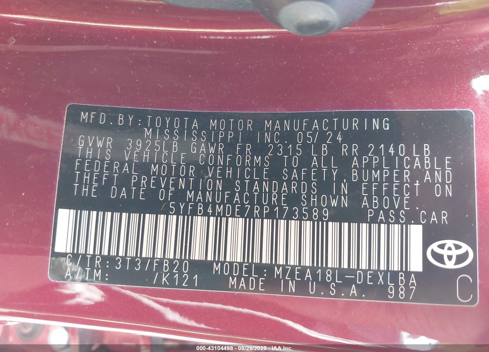 2024 TOYOTA COROLLA VIN: 5YFB4MDE7RP173589