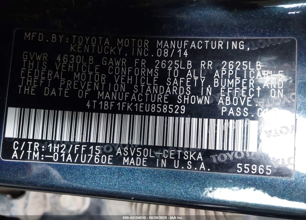 2014 TOYOTA CAMRY SE VIN: 4T1BF1FK1EU858529