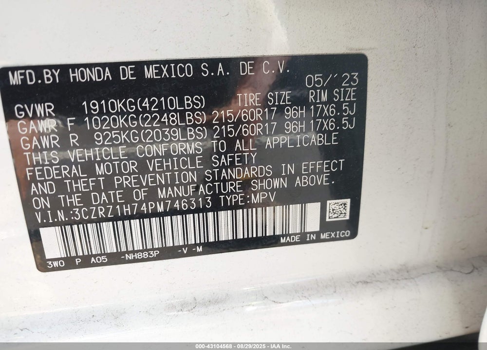 2023 HONDA HR-V VIN: 3CZRZ1H74PM746313