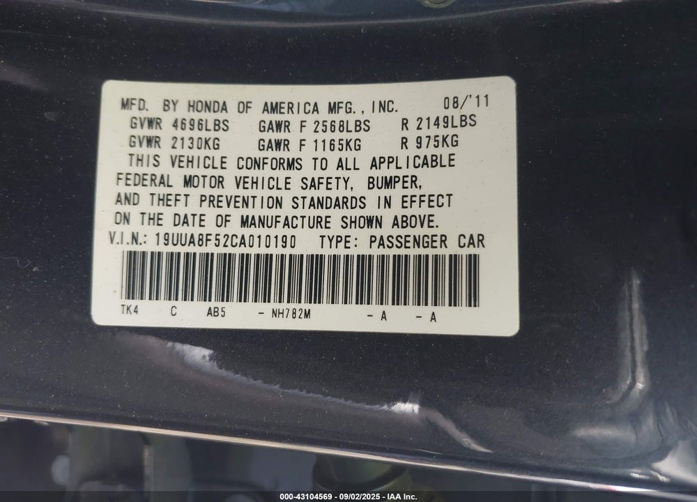 2012 ACURA TL 3.5 VIN: 19UUA8F52CA010190