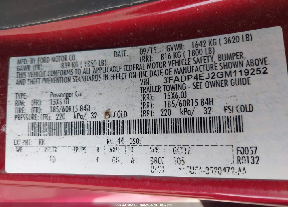 2016 FORD FIESTA VIN: 3FADP4EJ2GM119252